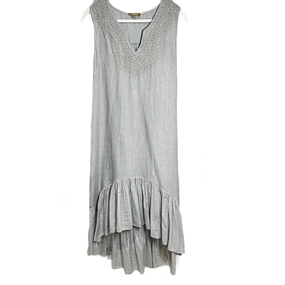 CARLA CONTI Linen Sleeveless Ruffle Midi Dress Light Gray and Gold Boho Size S
